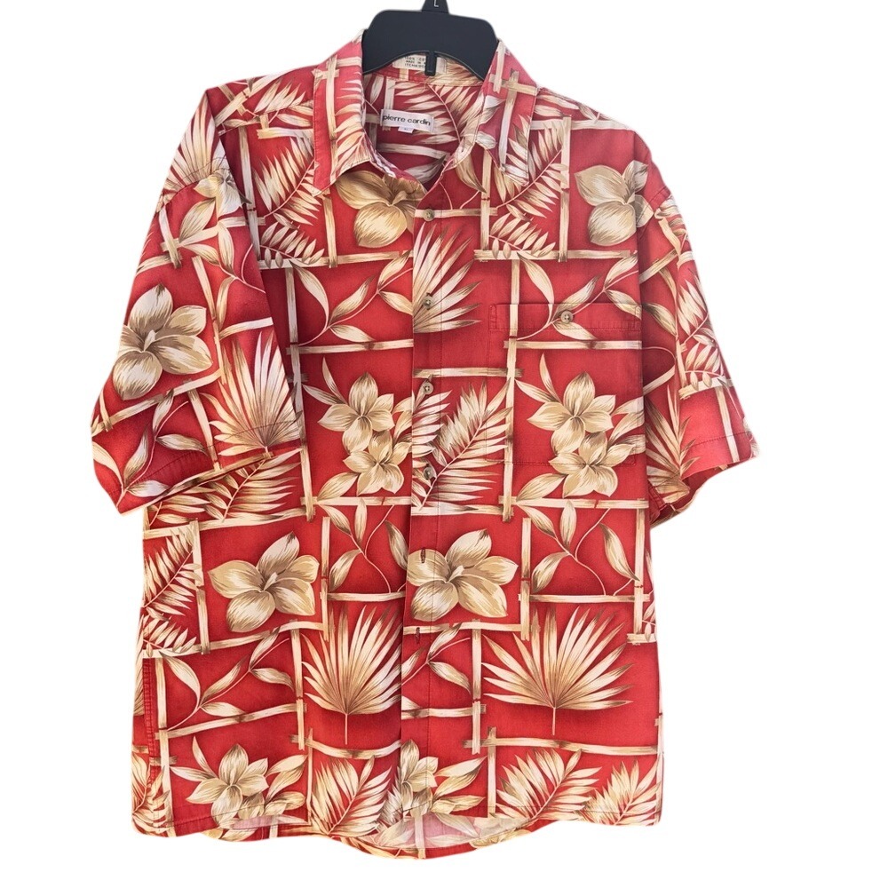 PIERRE CARDIN. Salmon Pink/Tan Floral, Hawaiian Style Button Down‎ Shirt.…